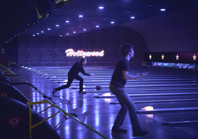 Team in a bowling alley